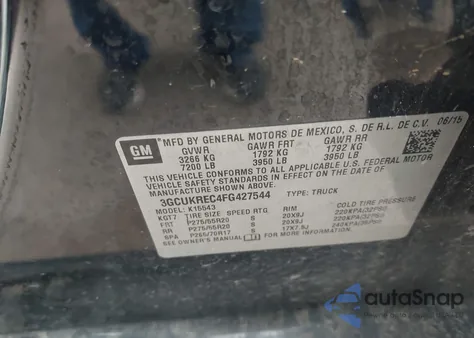 2015 Chevrolet Silverado 1500 1Lt from USA, damaged, VIN 3GCUKREC4FG427544